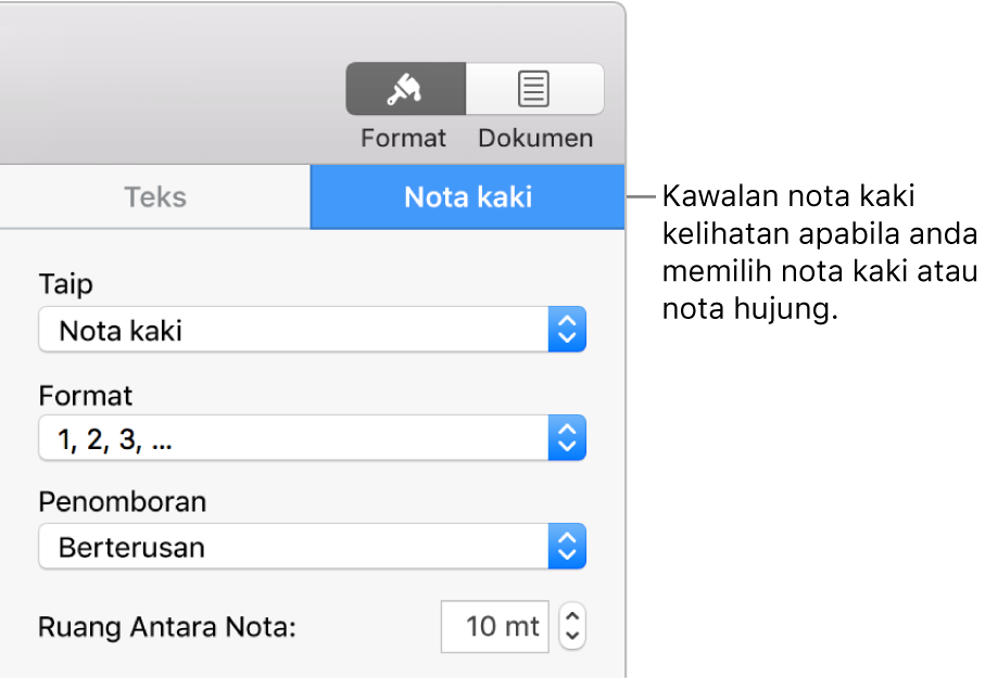 Anak tetingkap Nota Kaki menunjukkan menu timbul untuk Jenis, Format, Penomboran dan ruang antara nota.