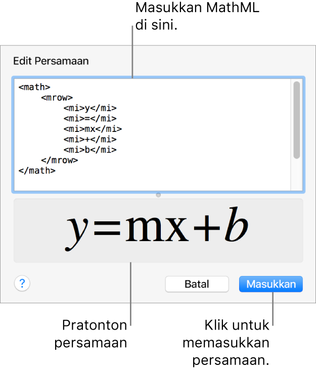 Persamaan untuk cerun garis dalam medan Edit Persamaan dan pratonton formula di bawah.