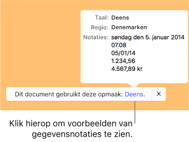 De melding van de afwijkende taal en regio, met voorbeelden van de opmaak in die taal en voor die regio.