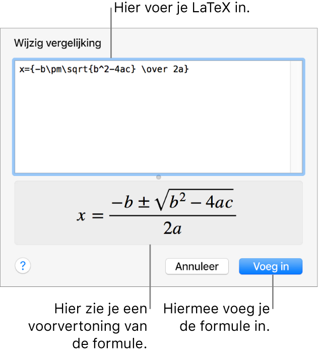 In het veld 'Vergelijking' staat een LaTeX-wortelformule, met daaronder een voorvertoning van de formule.