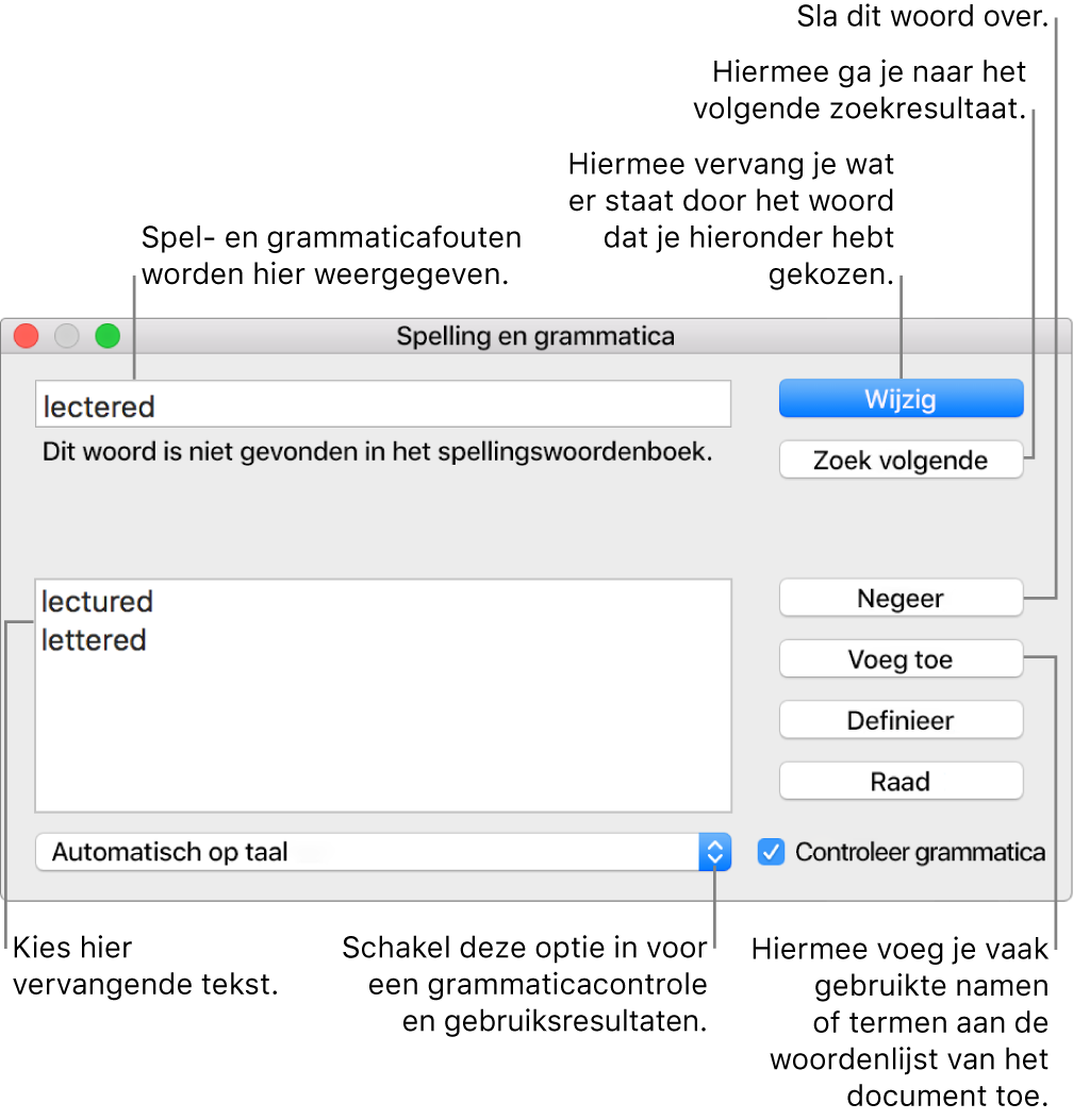 Het venster 'Spelling en grammatica'.