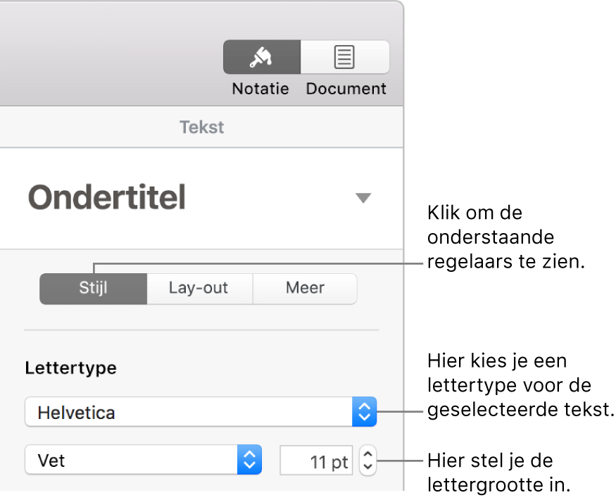 Tekstregelaars in het gedeelte 'Stijl' van de navigatiekolom 'Opmaak' voor het instellen van het lettertype en de lettergrootte.