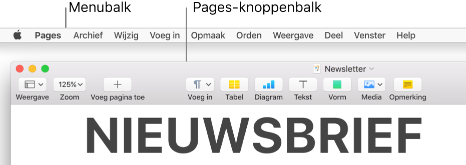 De menubalk boven in het scherm met de volgende menu's: Apple, Pages, Archief, Wijzig, Voeg in, Opmaak, Orden, Weergave, Deel, Venster en Help. Onder de menubalk wordt een Pages-document weergegeven met bovenaan een knoppenbalk met knoppen voor Weergave, Zoom, Voeg pagina toe, Voeg in, Tabel, Diagram, Tekst, Vorm, Media en Opmerking.