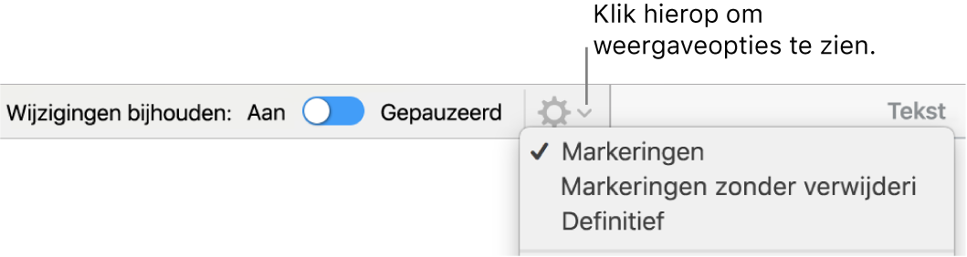 Het menu met controlefuncties, met de opties 'Markeringen', 'Markeringen zonder verwijderingen' en 'Definitief''.