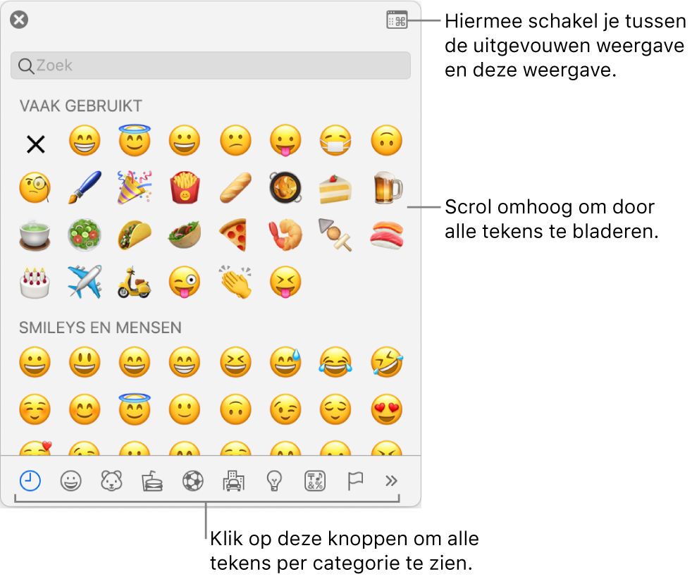 Het venstermenu 'Speciale tekens' met emoticons, knoppen voor verschillende soorten symbolen (onderin) en uitleg bij de knop voor het volledige venster met tekens.