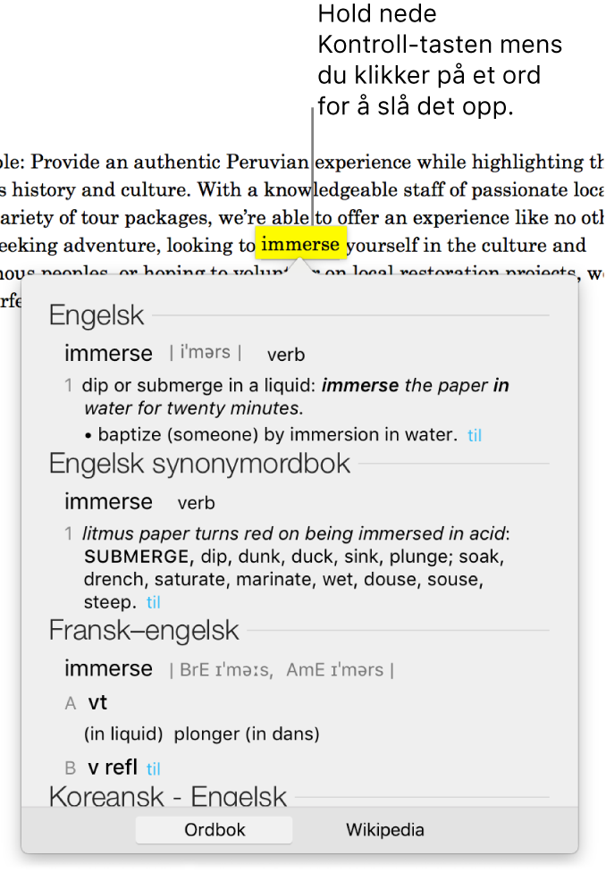 Et avsnitt med et uthevet ord og et vindu som viser definisjonen og en synonymordbokoppføring. To knapper nederst i vinduet har lenker til ordboken og Wikipedia.