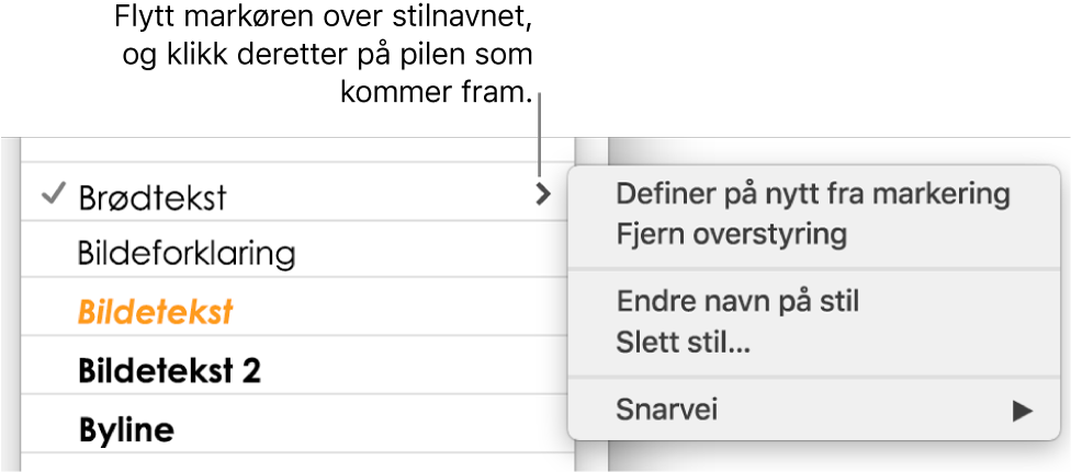 Avsnittsstiler-menyen, med snarveismenyen åpen.