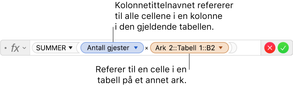 Formelredigeringen, som viser en tabell som refererer til en kolonne i én tabell og en celle i en annen tabell.