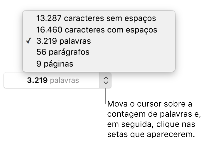 Menu de contagem de palavras mostrando o número de palavras no documento.