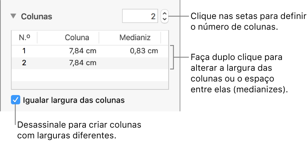 Painel Disposição do inspetor de formatação, a mostrar os controlos das colunas.
