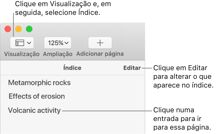 O índice no lado esquerdo da janela do Pages com o botão Editar no canto superior direito da barra lateral e as entradas do índice na lista. O botão Visualização encontra-se no canto superior esquerdo da barra de ferramentas do Pages, por cima da barra lateral.