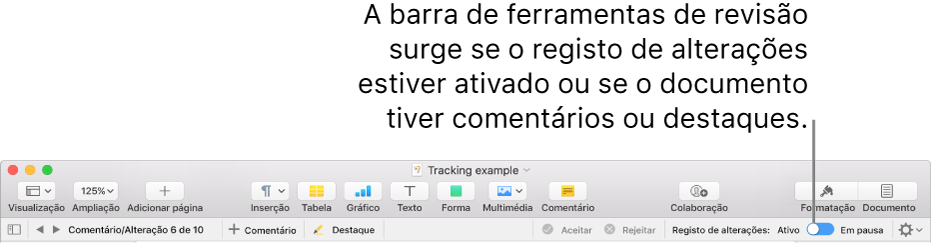 A barra de ferramentas do Pages com registo de alterações ativado e a barra de ferramentas de revisão debaixo da barra de ferramentas do Pages.