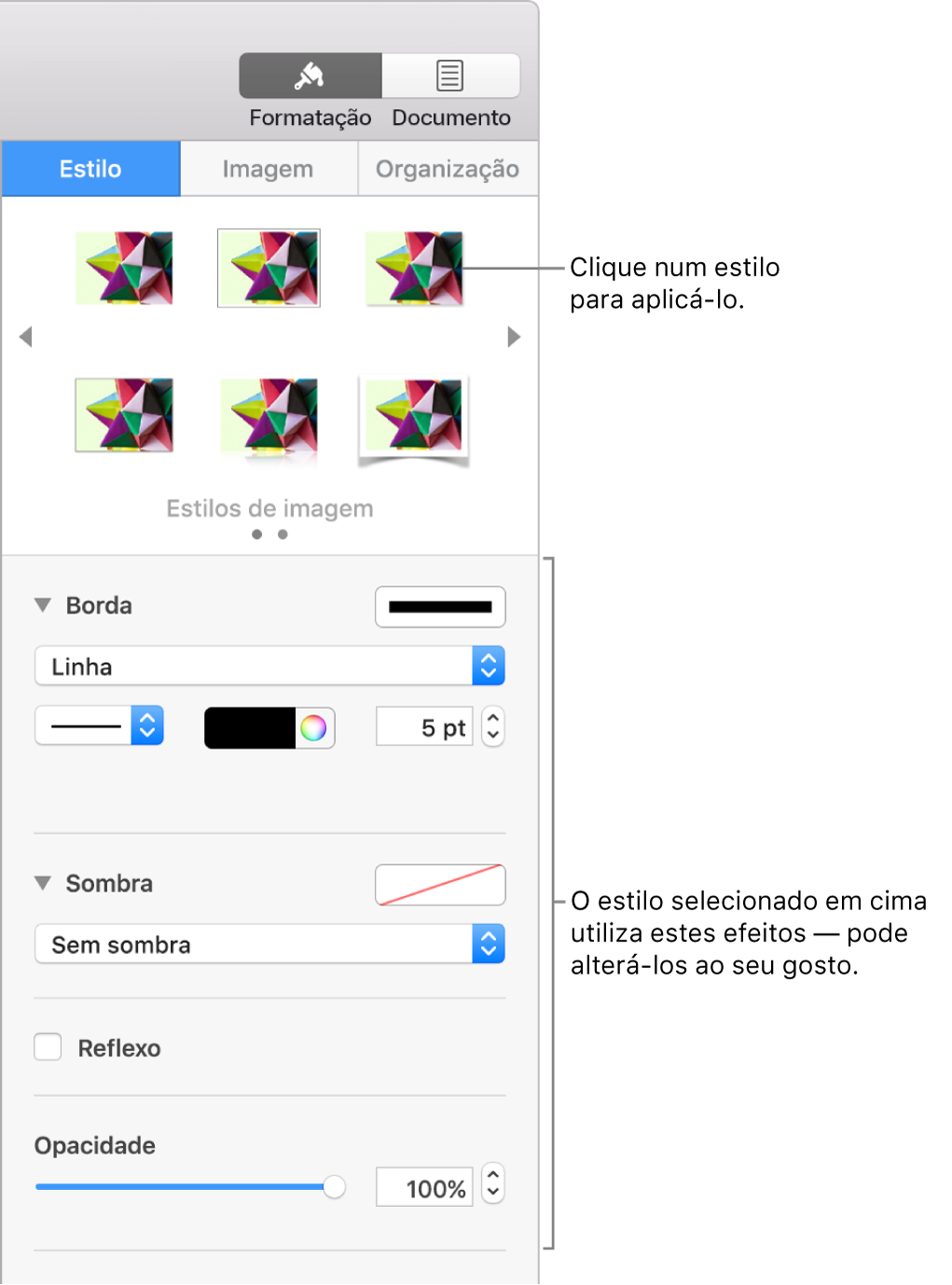 O separador Estilo da barra lateral de formatação a mostrar opções de estilo de objetos.