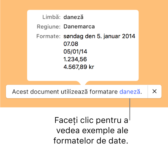 Notificarea privind configurarea limbii și regiunii diferite, afișând exemple de formatare în limba și regiunea respectivă.