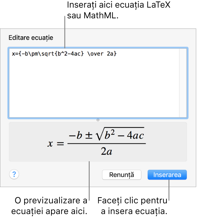 Caseta de dialog Editare ecuație, afișând formula cuadratică scrisă cu ajutorul LaTeX în câmpul Editare ecuație și, dedesubt, o previzualizare a formulei.