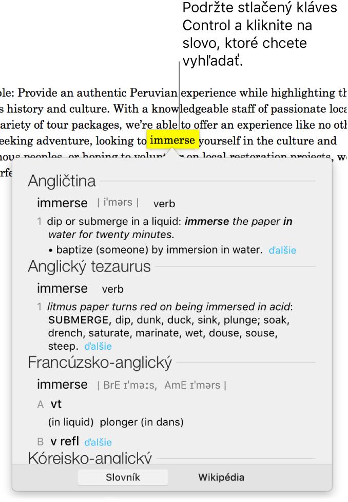 Odsek so zvýrazneným slovom a okno zobrazujúce jeho definíciu a položku zo synonymického slovníka. Dve tlačidlá v dolnej časti okna poskytujú odkaz na slovník a Wikipédiu.