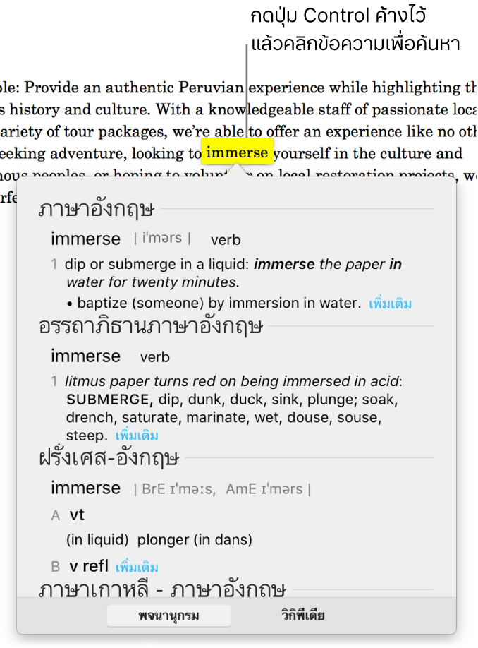 ย่อหน้าที่มีคำที่ไฮไลท์อยู่และหน้าต่างที่กำลังแสดงคำจำกัดความและรายการอรรถาภิธาน ปุ่มสองปุ่มที่ด้านล่างสุดของหน้าต่างคือลิงก์ไปที่พจนานุกรมและวิกิพีเดีย