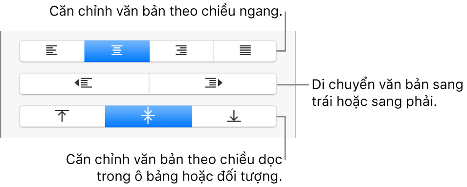 Phần Căn chỉnh của trình kiểm tra Định dạng có các nút dùng để căn chỉnh văn bản theo chiều ngang hoặc chiều dọc và các nút để di chuyển văn bản sang trái hoặc sang phải.