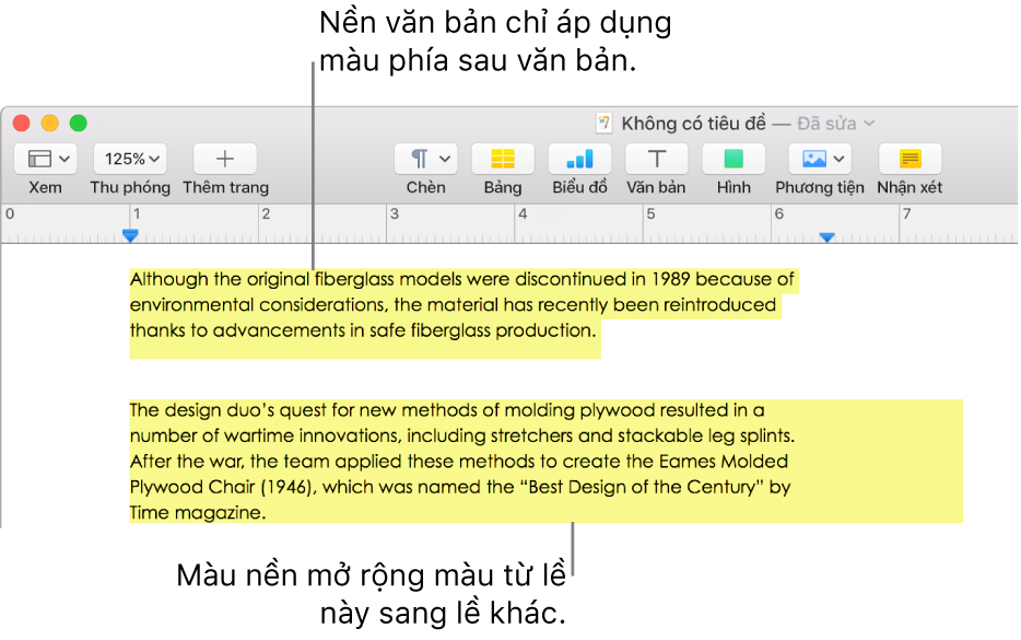 Một đoạn có màu chỉ ở phía sau văn bản và đoạn thứ hai có màu phía sau văn bản sẽ trải rộng từ lề tới lề trong một khối.