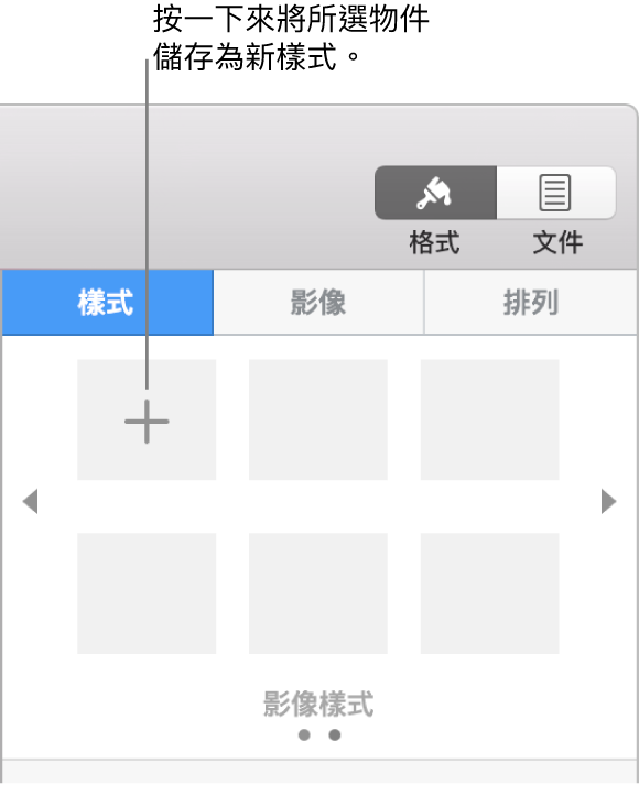 「格式」側邊欄的「樣式」分頁，左上角為「製作樣式」按鈕，另包括五個空白樣式暫存區。