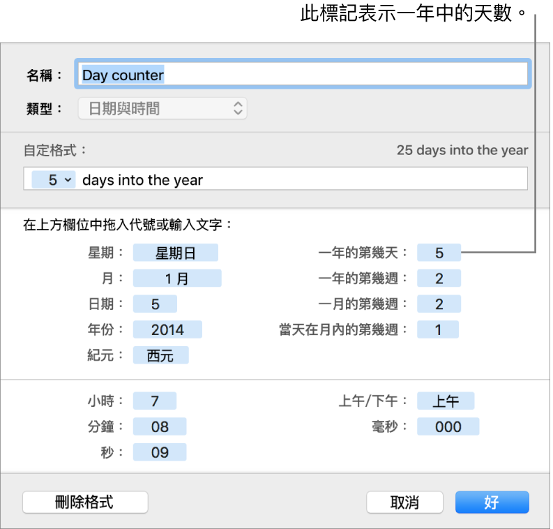 帶有控制項目的自訂輸入格格式視窗，用來選擇自訂日期與時間格式。