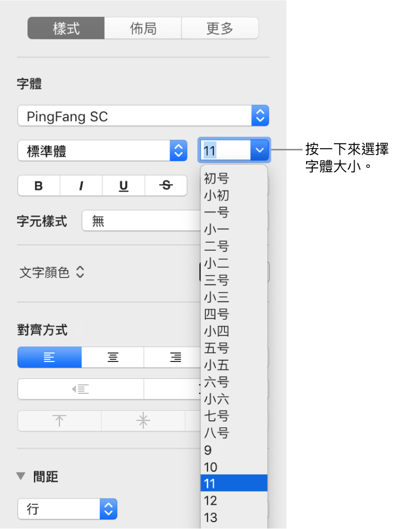 「格式」側邊欄的「樣式」區域會開啟字體大小彈出式選單。彈出式選單最上方會顯示中國大陸政府標準字體大小，下方則顯示點的大小。