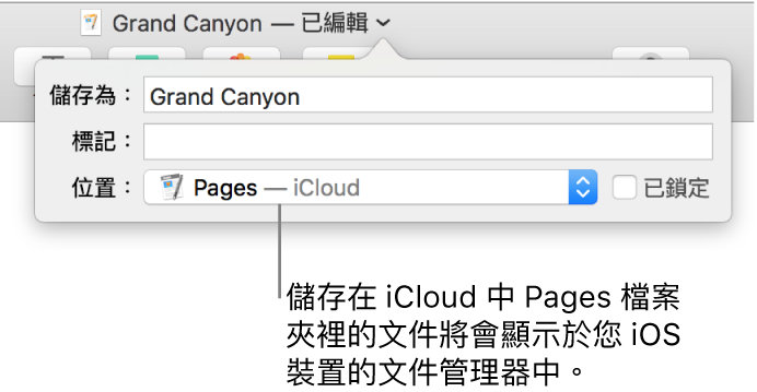 「位置」彈出式選單中帶有 Pages—iCloud 之文件的「儲存」對話框。