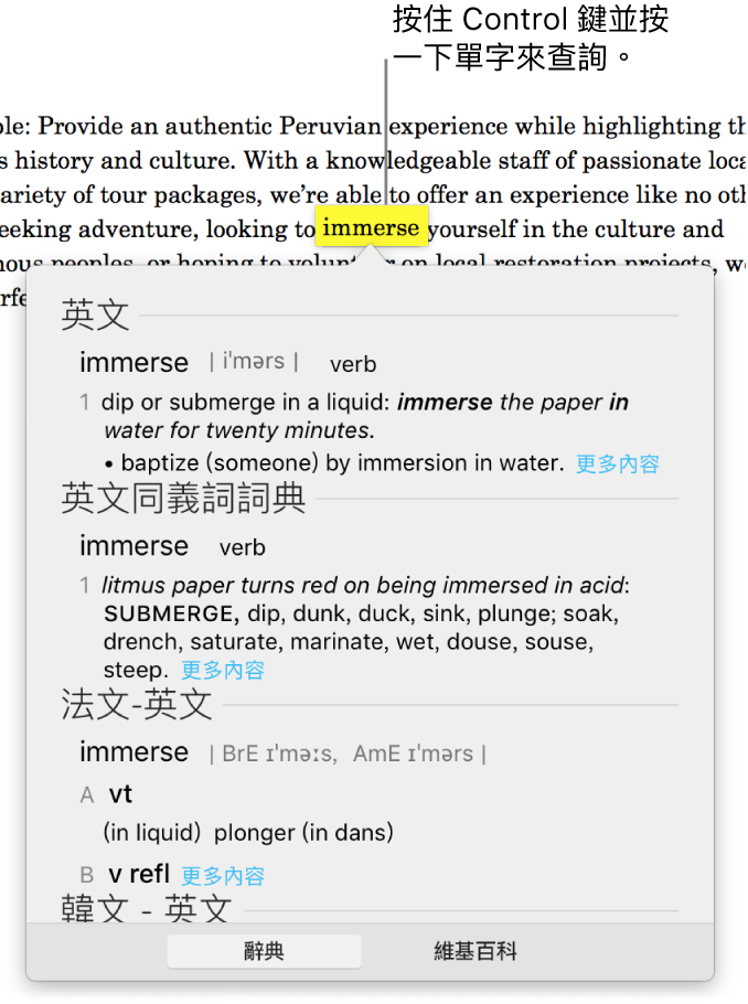 段落包含反白的單字，一個視窗顯示其定義和同義詞詞條。視窗底部的兩個按鈕提供了字典和維基百科的連結。