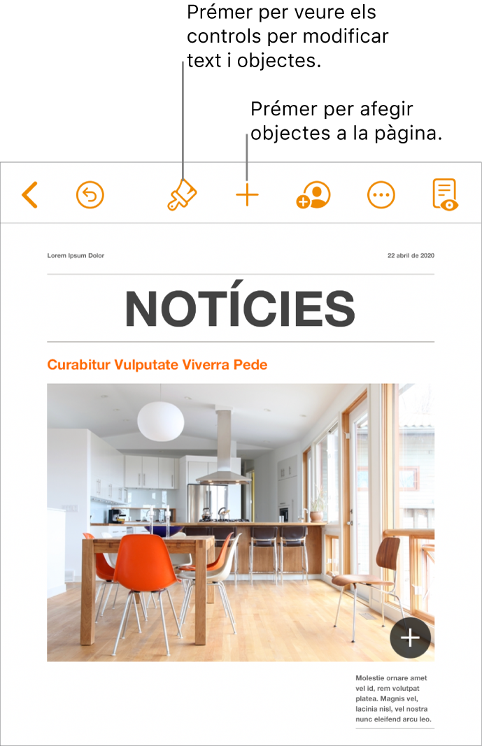 Un document del Pages, amb botons de la barra d’eines per obrir els controls de format i afegir objectes.