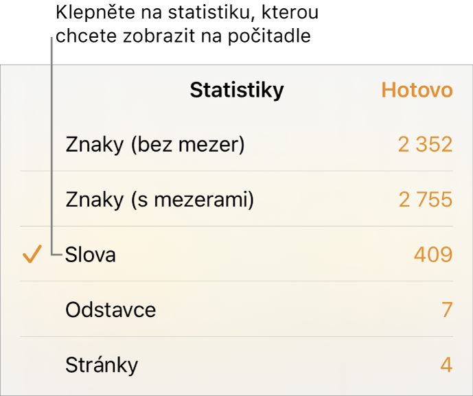 Nabídka Statistiky ukazující volby pro zobrazení počtu znaků bez mezer a s mezerami, počet slov, počet odstavců a počet stránek.