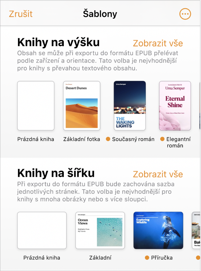 Výběr šablon, v horní části jsou šablony knih s orientací na výšku a v dolní části jsou šablony s orientací na šířku.