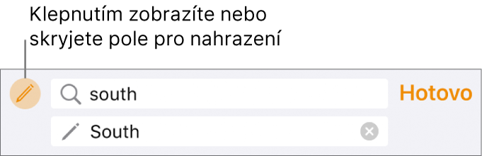 Ovládací prvky pro hledání a nahrazování textu