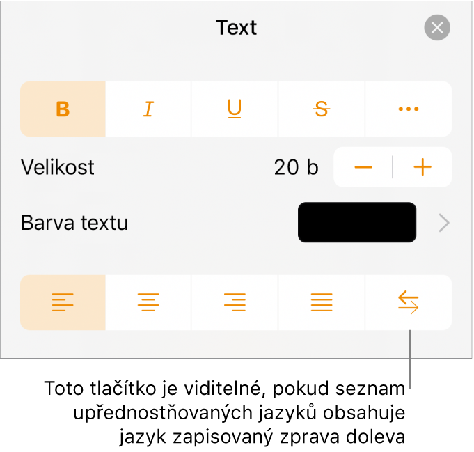 Ovládací prvky v nabídce Formát s popiskem označujícím tlačítko Zprava doleva
