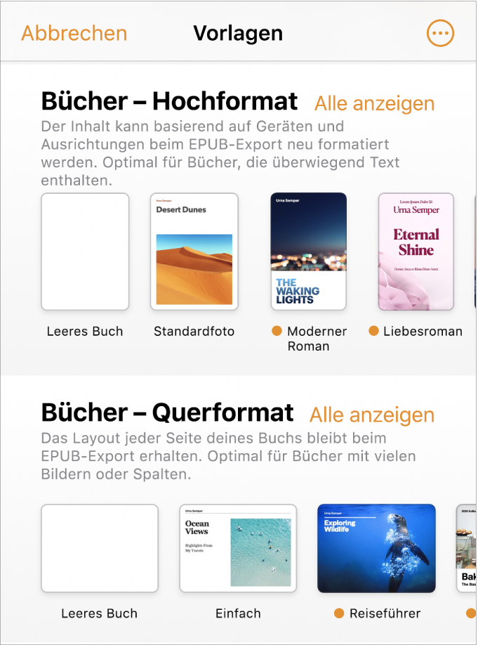 Die Vorlagenauswahl mit Buchvorlagen im Hochformat oben und im Querformat darunter