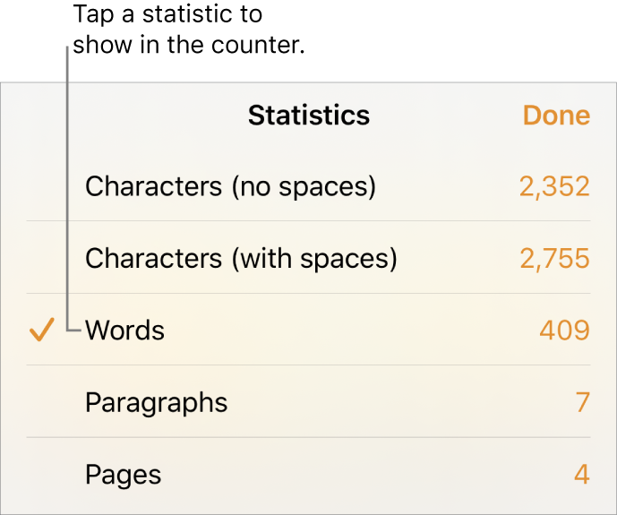 The Statistics menu showing options to show the number of characters with and without spaces, words count, paragraph count and page count.