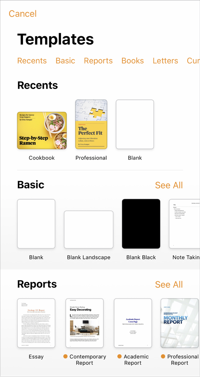 The template chooser, showing a row of categories across the top that you can tap to filter the options. Below are thumbnails of predesigned templates arranged in rows by category, starting with New at the top and followed by Recents and Basic. A See All button appears above and to the right of each category row. The Language and Region button is in the top-right corner.