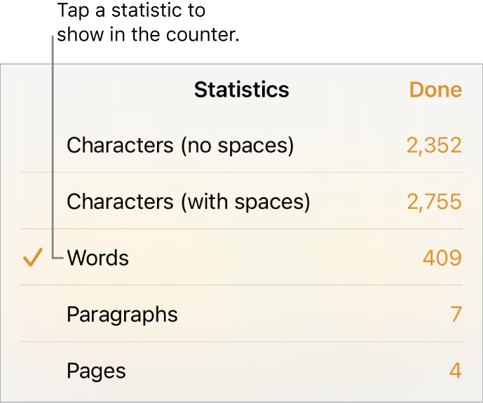 The Statistics menu showing options to show the number of characters without and with spaces, words count, paragraph count, and page count.