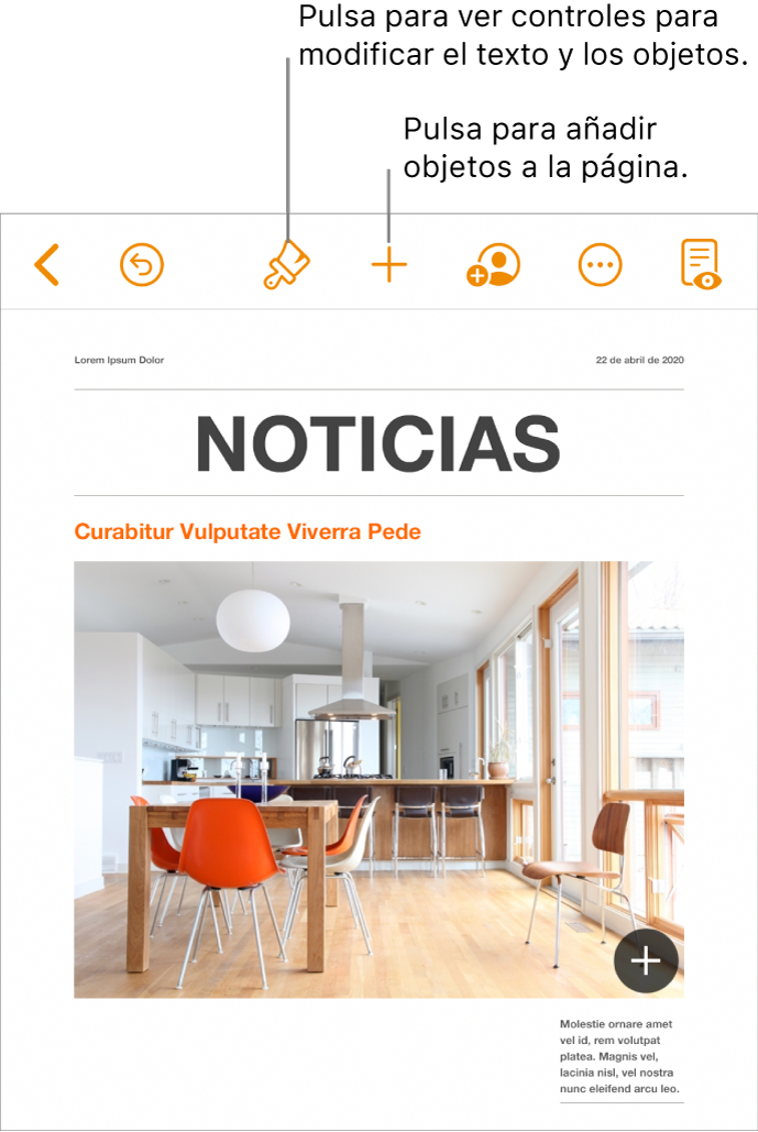 Documento de Pages con botones en la barra de herramientas para abrir los controles de formato y añadir objetos.