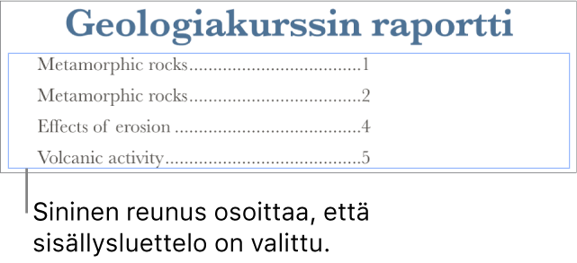 Sisällysluettelo lisättynä dokumenttiin. Kohteissa näkyy otsakkeet ja niiden sivunumerot.