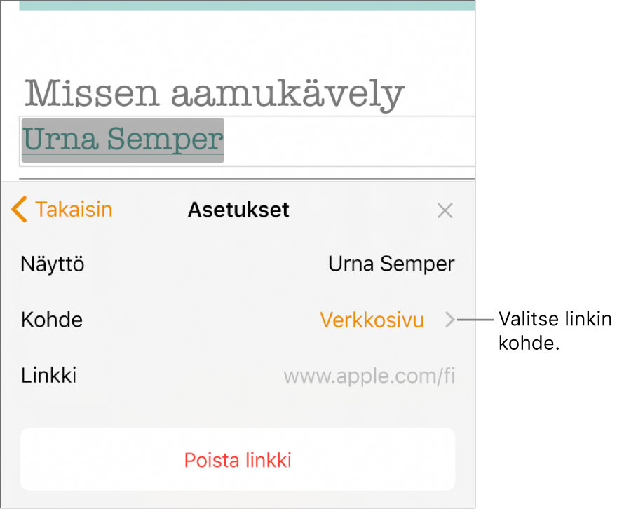Linkkiasetukset-säätimet, joissa on Näytä-kenttä, Linkitys (asetettuna Verkkosivu) ja Linkki-kenttä. Poista linkki -painike on säätimien alaosassa.