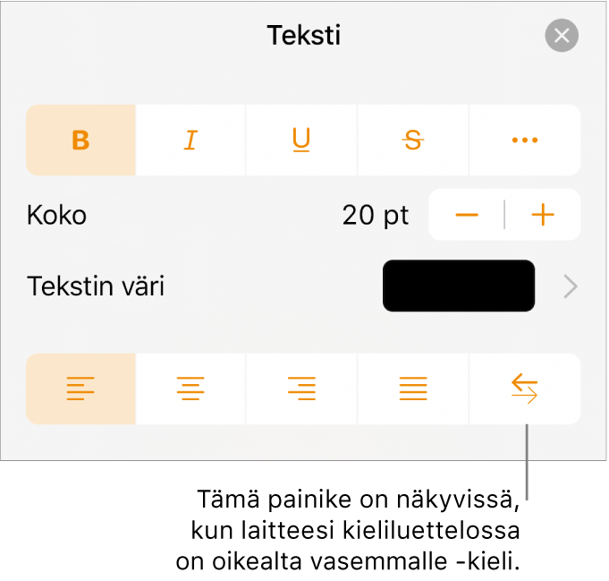 Muoto-valikon tekstisäätimet ja selite, joka osoittaa Oikealta vasemmalle -painikkeeseen.