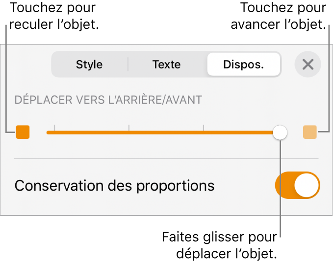 Le bouton de déplacement vers l’arrière, le bouton de déplacement vers l’avant et le curseur de superposition.