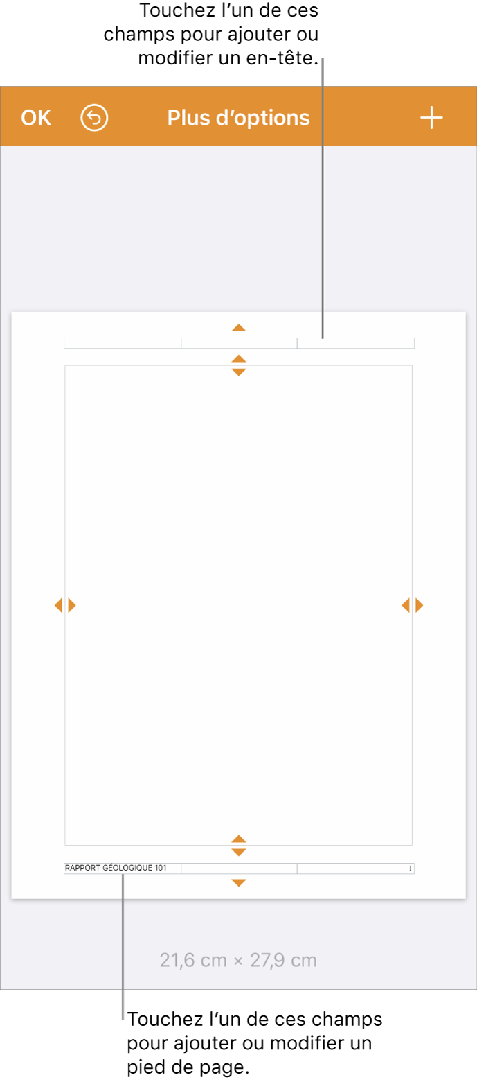 Présentation Plus d’options avec trois champs en haut du document pour les en-têtes et trois champs en bas pour les bas de page.