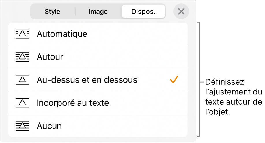 Les commandes « Ajuster au texte » avec les réglages Automatique, Autour, Au-dessus et en dessous, Incorporé au texte et Aucun.