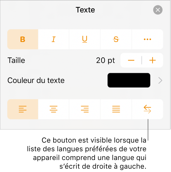 Commandes de texte du menu Format avec le bouton De droite à gauche accompagné d’une légende.
