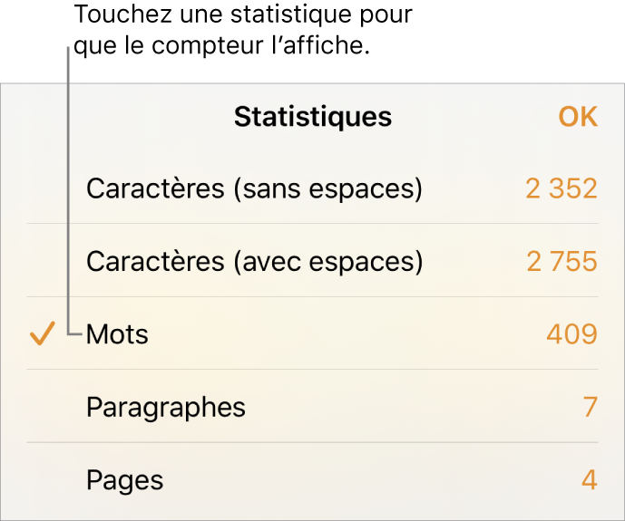Menu Statistiques avec options d’affichage du nombre de caractères avec et sans espaces, du nombre de mots, du nombre de paragraphes et du nombre de pages.