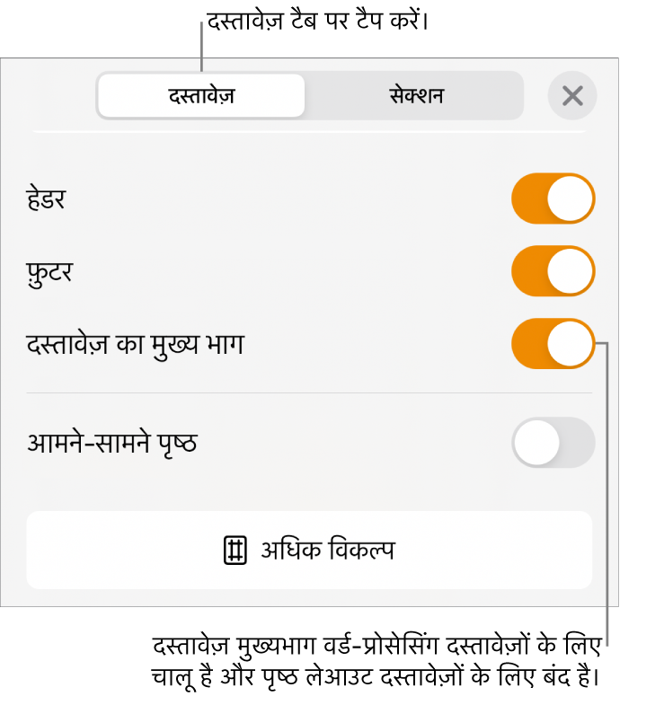 दस्तावेज़ बॉडी के चालू रहने पर स्क्रीन के एकदम नीचे दस्तावेज़ फ़ॉर्मैट नियंत्रण होते हैं।