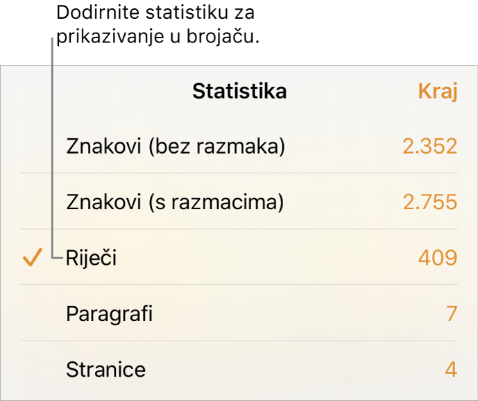 Izbornik Statistički podaci prikazuje opcije za prikaz broja znakova bez razmaka i s razmacima, broj riječi, broj paragrafa i broj stranica.