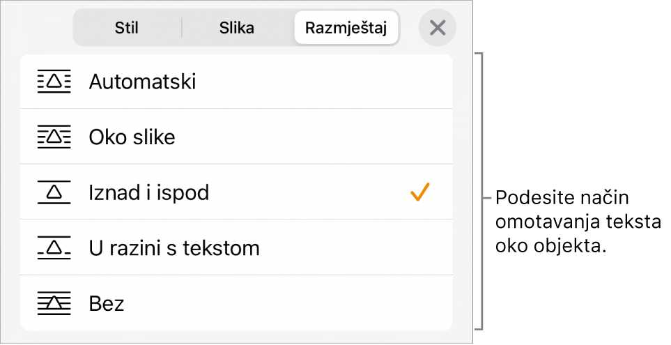Kontrole Omatanje teksta s postavkama za Automatski, Oko slike, Iznad i ispod, U razini s tekstom i Bez.