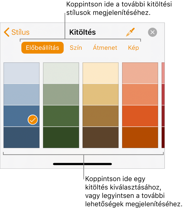 Kitöltési beállítások a Formátum gombbal elérhető Stílus lapon.